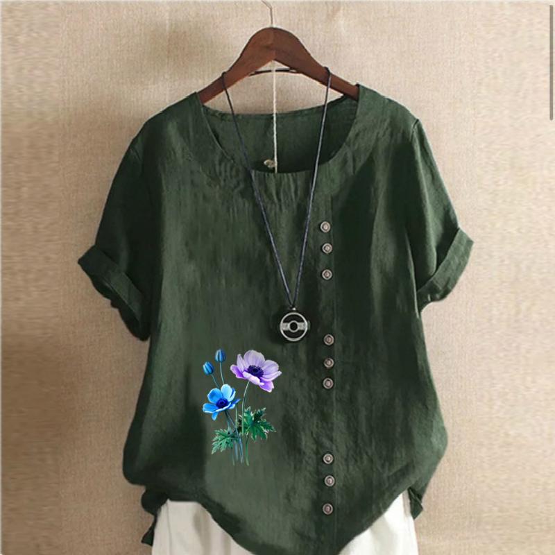 Women's Fashion Round Neck Short Sleeve T-shirt Casual Cotton Linen Graphic Shirt Leisure Loose Flowers Prined Summer Blouse Tops