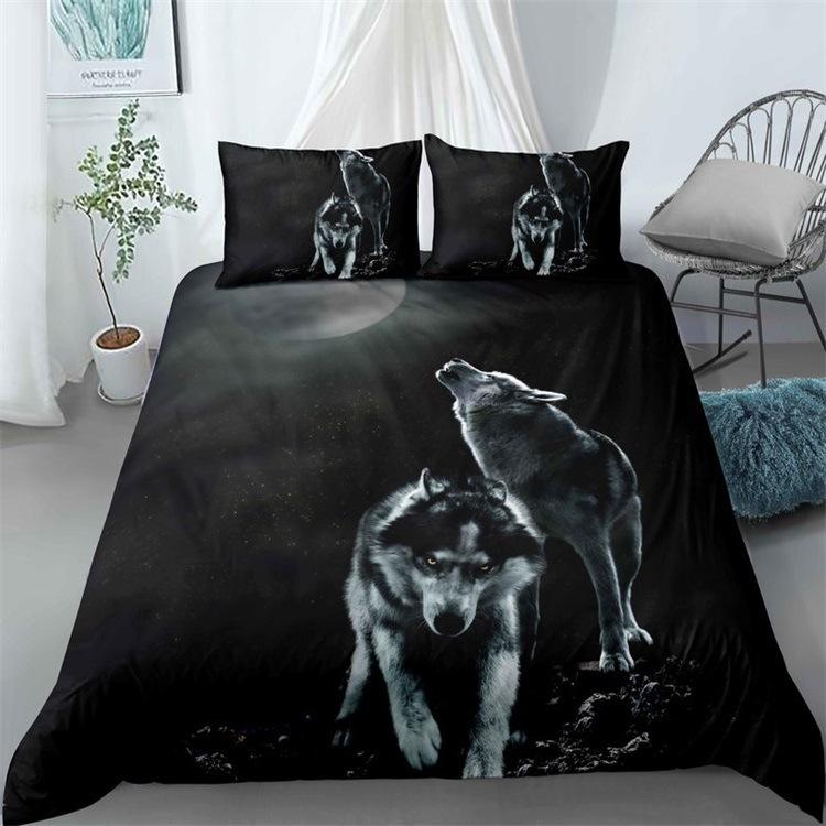 Wolf Howl Under The Moon Three-Piece 3D Digital Printing Quilt Cover Pillowcase Bedding