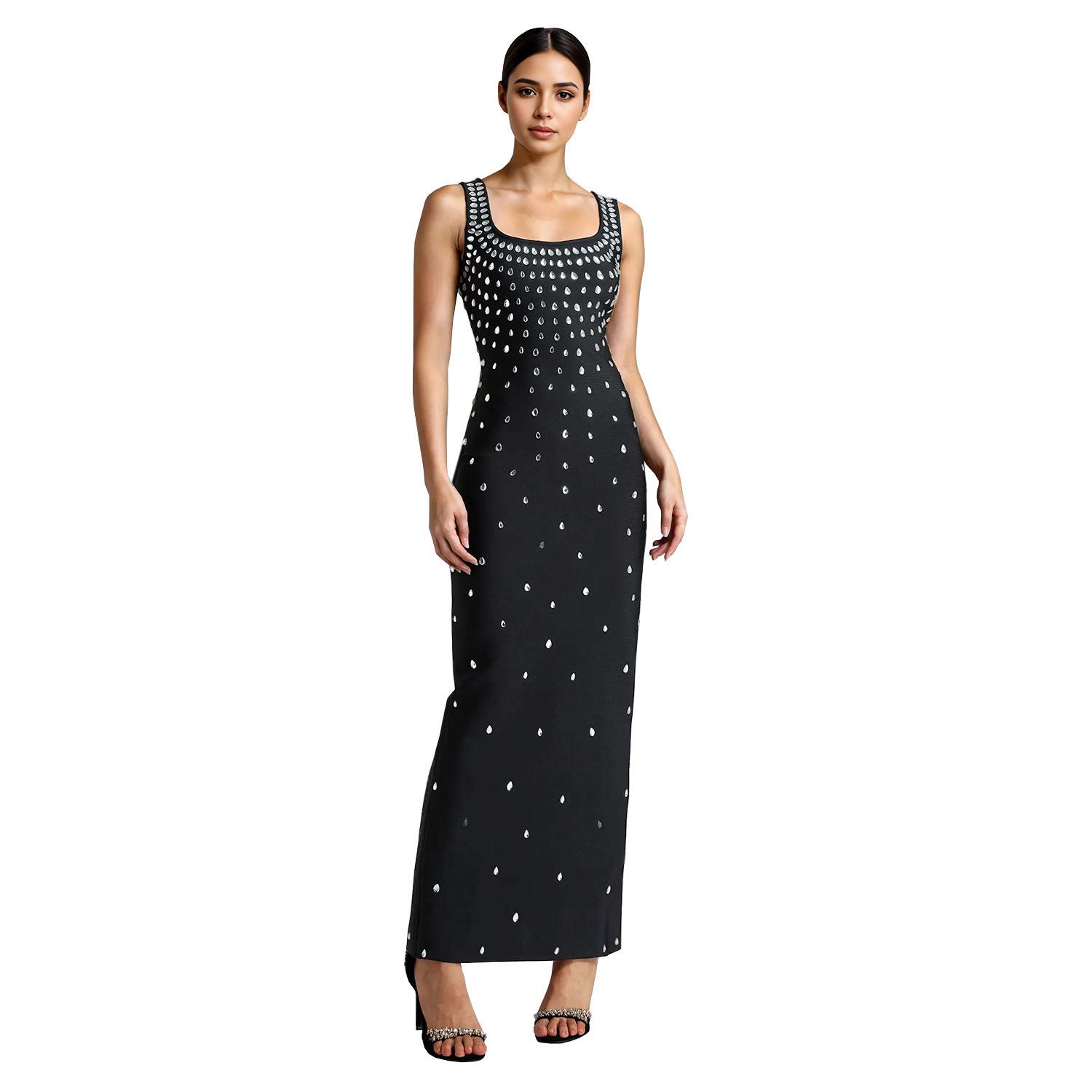 

C7117 Fashion Women s Sleeveless U-neck Bodycon Dress with Hot Drilling, European and American Style. Double Extra Large