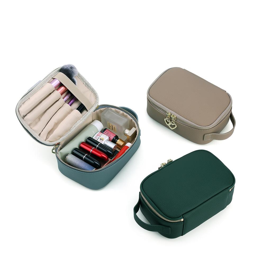 Women's Top Grain Leather Cosmetic Jewelry Organizer Compact Toiletry Bag Portable Makeup Pouch for Daily Travel Use