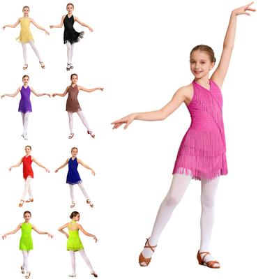 Kinder Mädchen Latein Trikot Kleid Tanzkostüm Strass Fransen Bodysuit Rockkleid Neckholder V-Ausschnitt Ärmellos Quaste Jumpsuit