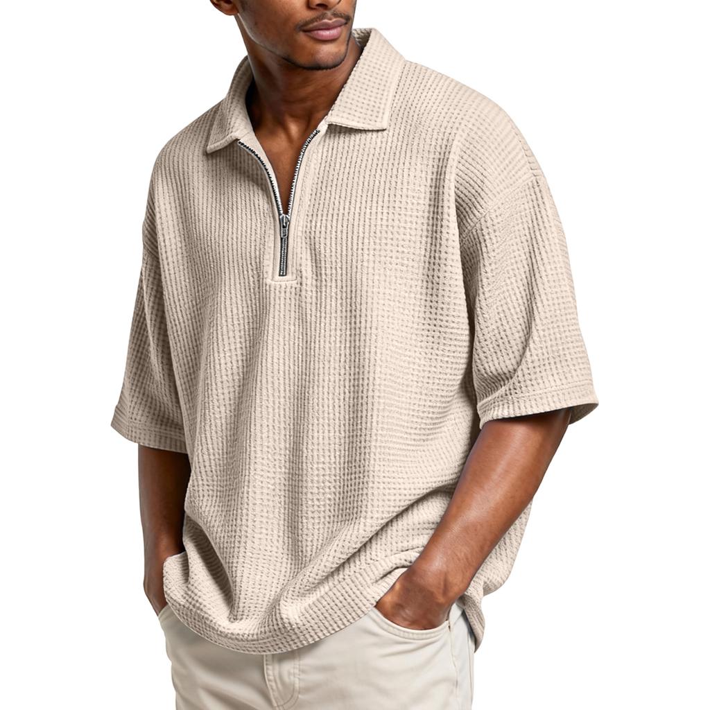 Herren Basic Reißverschluss Stehkragen Kurzarmhemd