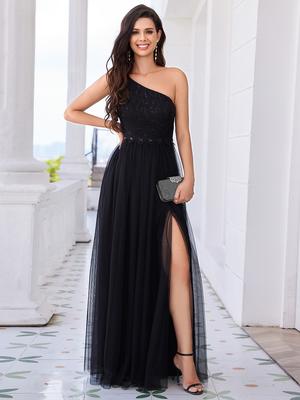 Ever-Pretty Women's Romantic Asymmetric One Shoulder A-Line Tulle with Lace Sequin Empire Waist Evening Dress