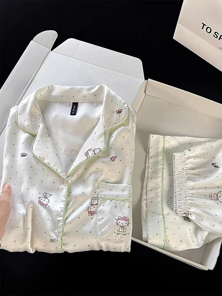 

Japanese cute polka dot Hello Kitty pajamas women s summer short-sleeved shorts cardigan set soft cute princess style loungewear S