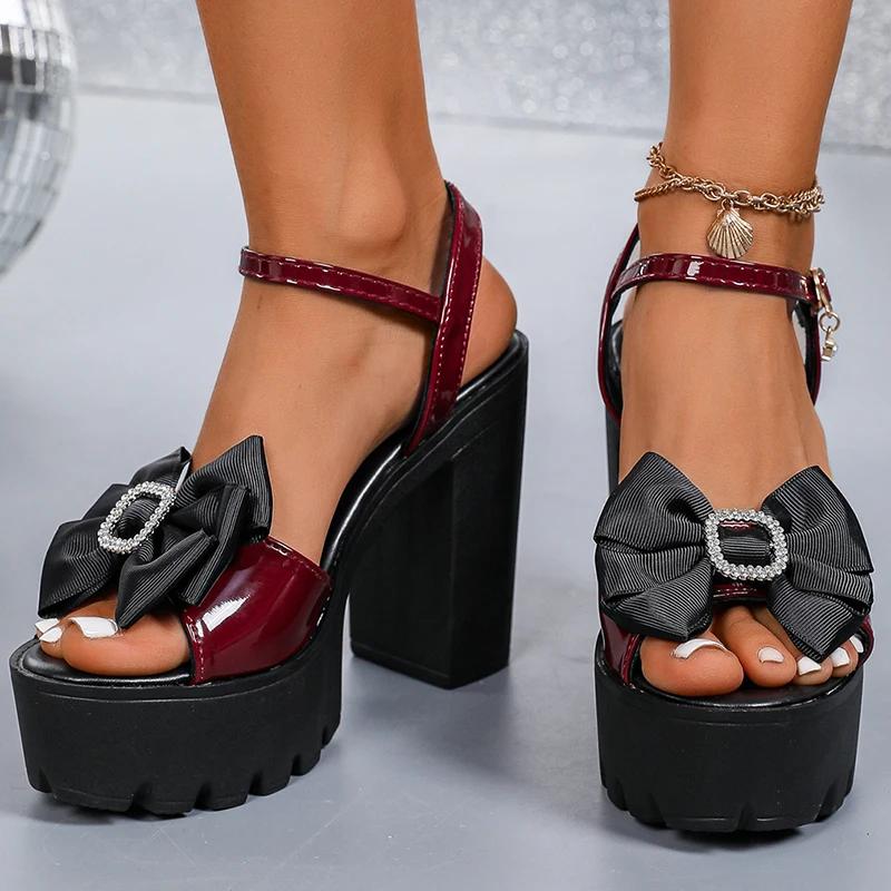 Fashion Women's Bow Knot Extreme High Heels Sandals Luxury Wine Red Thick Bottom Sandal Woman Summer Elegant Open Toe Party Sandal Mujer