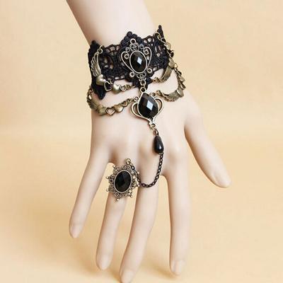 Black Lace Bracelet With One Chain Ring Trendy Party Jewelry