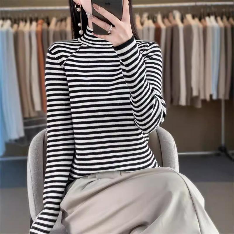 Autumn and Winter Women's Knitted Sweater New Semi-turtleneck Striped Bottoming Shirt with A Thin Long-sleeved Sweater