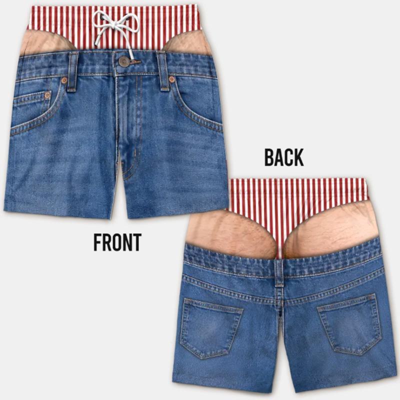 Summer Party Favorite Novelty Men Board Shorts Fake Denim 3D Print Drawstring Shorts For Beach Pool Funny Prank Outfit