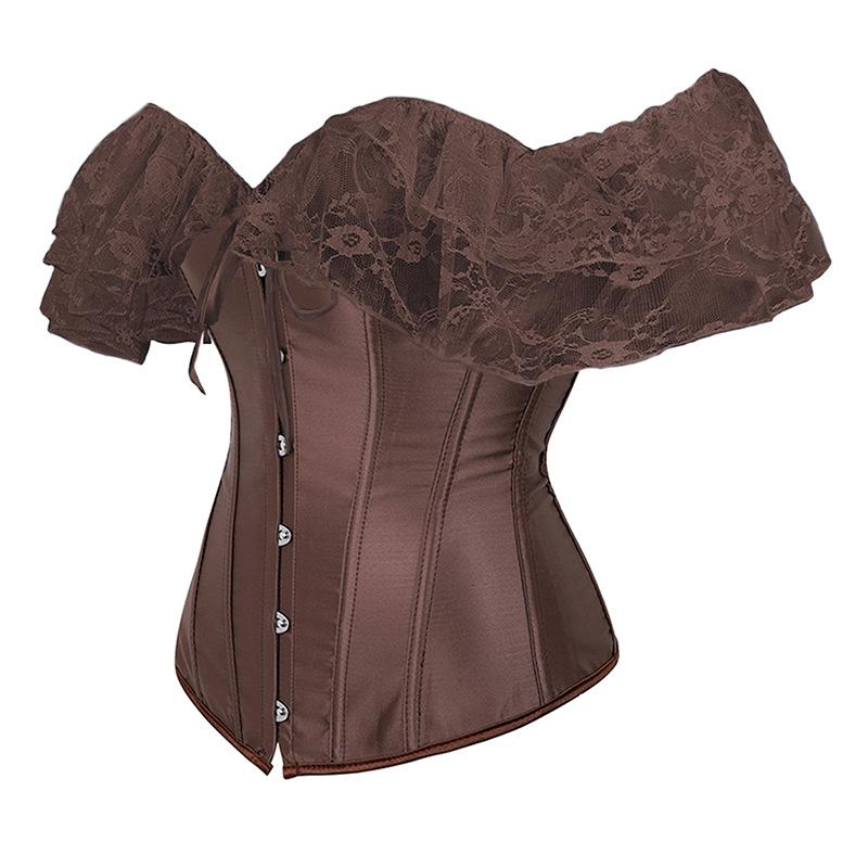 Einfarbiges Satin-Spitzen-Korsett-Oberteil Sexy Schulterfrei Wickelbrust Bustier S Damen Dessous Bustiers Schwarz Rot Weiß L braun