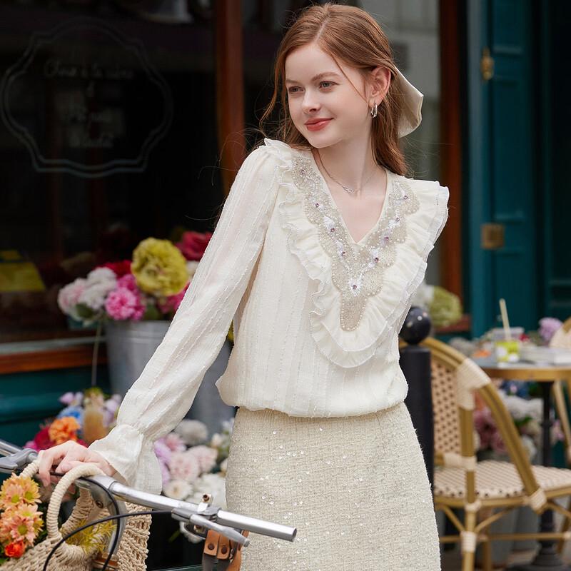 Bailuyu Beaded Ruffle V-Neck Long Sleeve Women s Blouse M