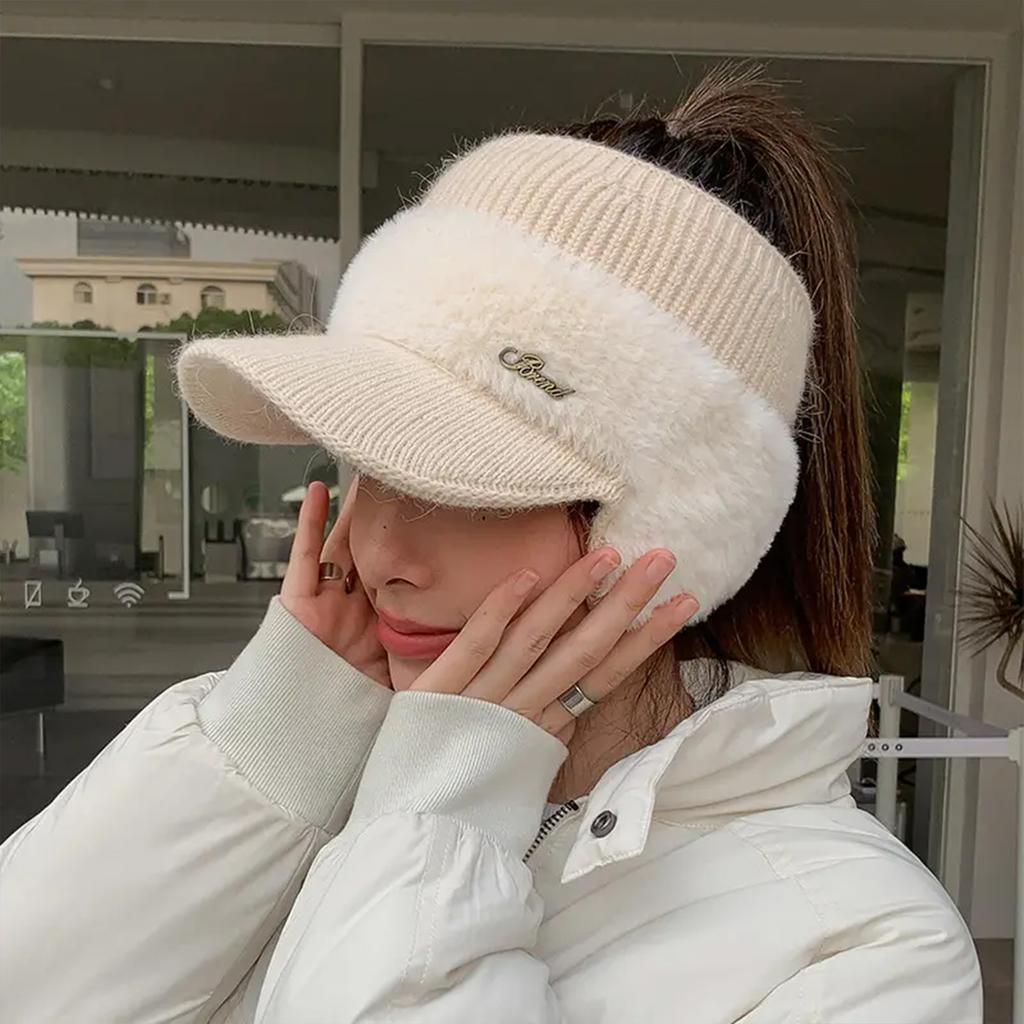 Ponytail Knitted Baseball Cap Warm Open-top Hat Women Autumn and Winter Thickened Cycling Cold-proof Ear-protecting Baseball Cap