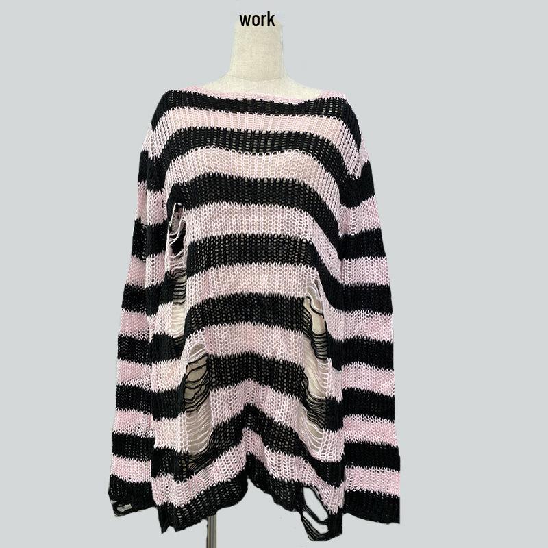 Stripet mohairstrikket genser: Damelengde Løs passform med rippede detaljer