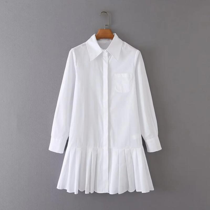

Spring New Long Sleeves Women s Dress Short High Waist Pleated Skirt Hem Thin Shirt Fabric Base Skirt White Skirt White S