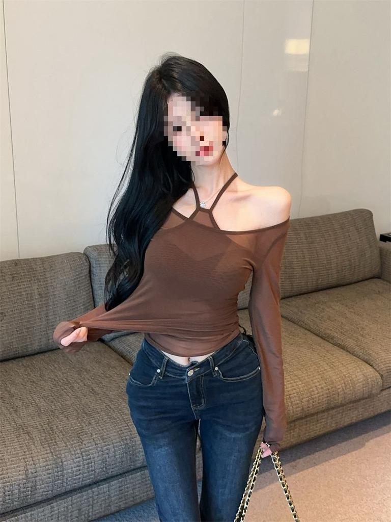 Oversize Womens Mesh Long Sleeve T Shirt With Oneshoulder And Embroidery For Fall Fashion