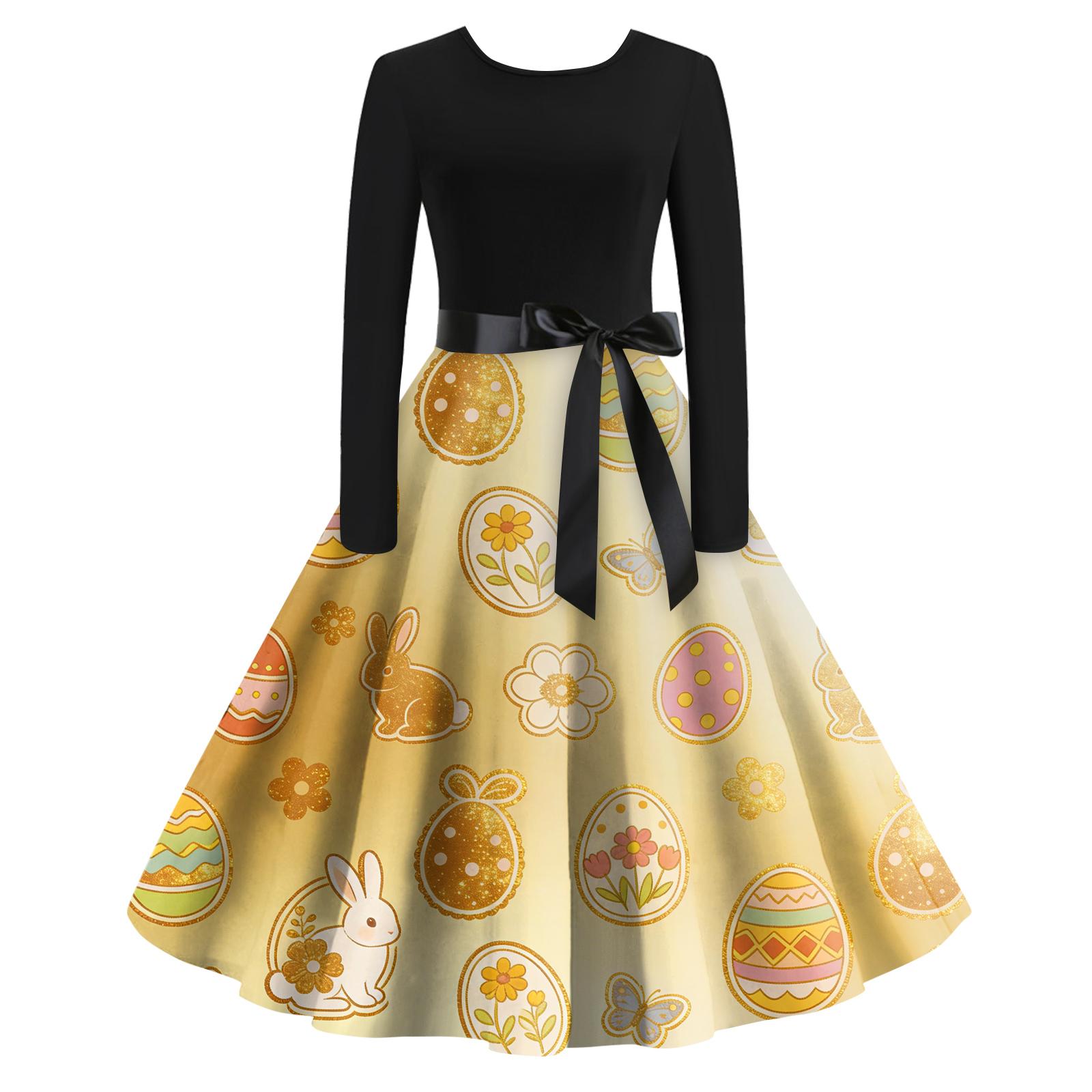 

Жіноча повсякденна мода Сукня ретро з різдвяним принтом з круглим вирізом та довгим рукавом XL жовтий