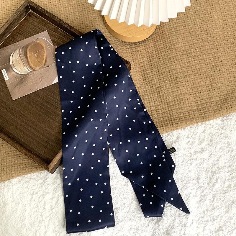 Polka dot silk scarf, long strip, high-end sense, summer retro binding, ribbon, streamer, multi-purpose, small scarf, headscarf, headband, belt.