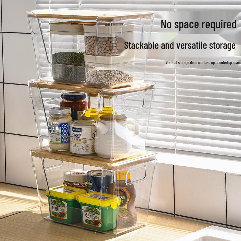 Transparent Bamboo Lid Storage Box - Stackable Kitchen Organizer for Seasonings & More