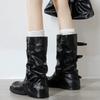 Height-increasing Belt Buckle Square Round Head Pleated Medium Tube Knight Boots Women's Western Pleated Stacked Pants Tube Boots
