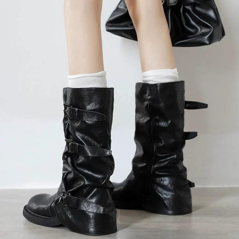 Height-increasing Belt Buckle Square Round Head Pleated Medium Tube Knight Boots Women's Western Pleated Stacked Pants Tube Boots