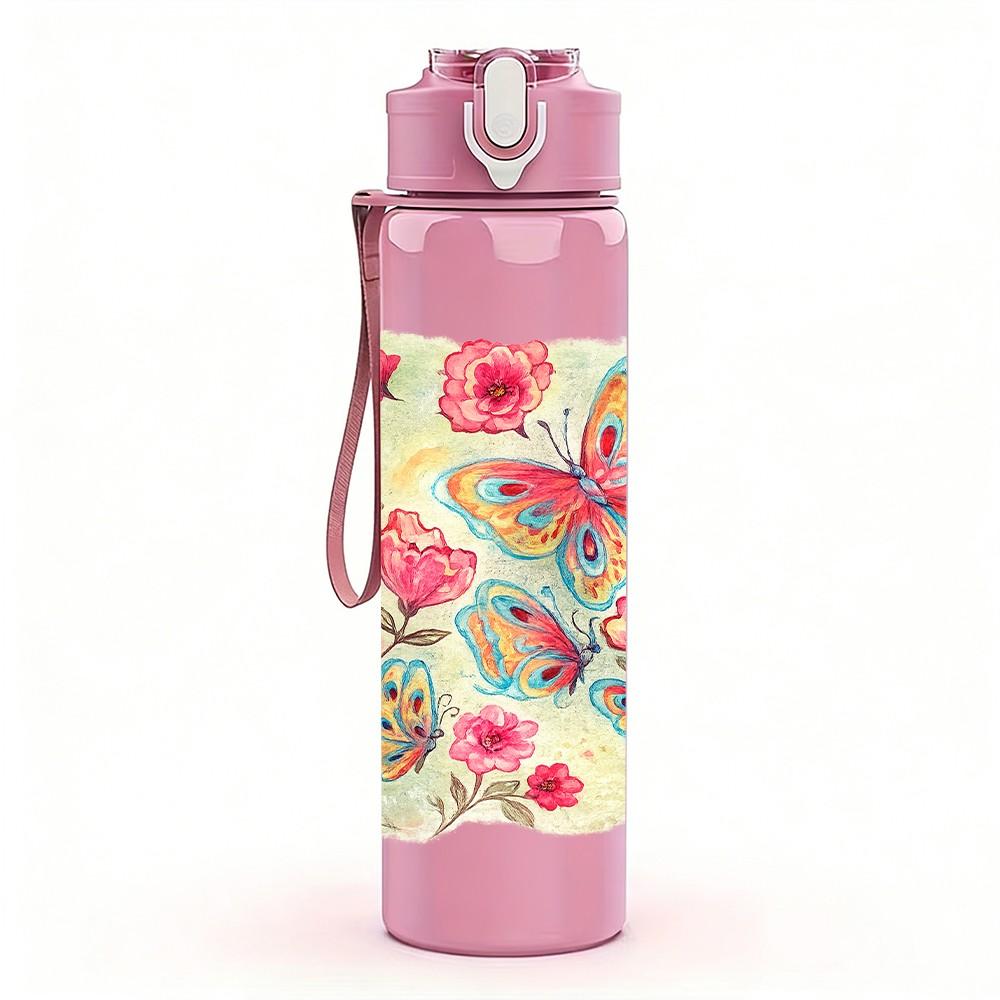 1PC Soft Pink Rose Cluster Floral Print 750ml Color Plastic Sports Water Bottle Leakproof Flip Straw Lid Suitable for Sports Office Home Use