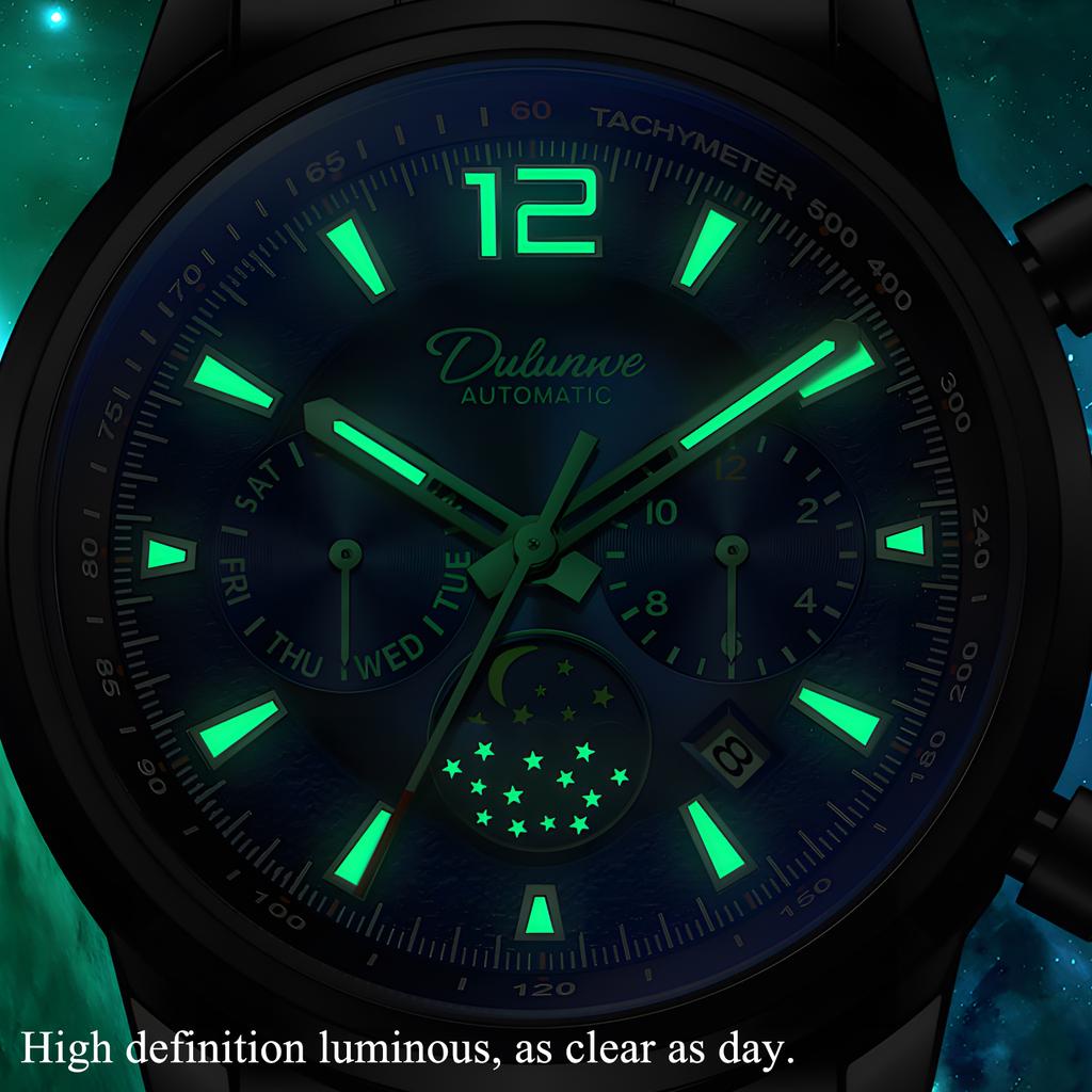 Creative Meteorite Dial Mechanical Watch Moon Phase Window Week Month Calendar Display Men's Waterproof Luminous Mechanical Watch
