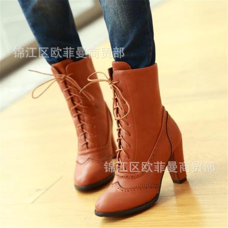 Mode damer mittkalvstövlar Dameskor Snörning Damer Gummi Stor Storlek Mittkalv Spetsig Högklackad Snörning Spetsig Tå Sömnad Enfärgad