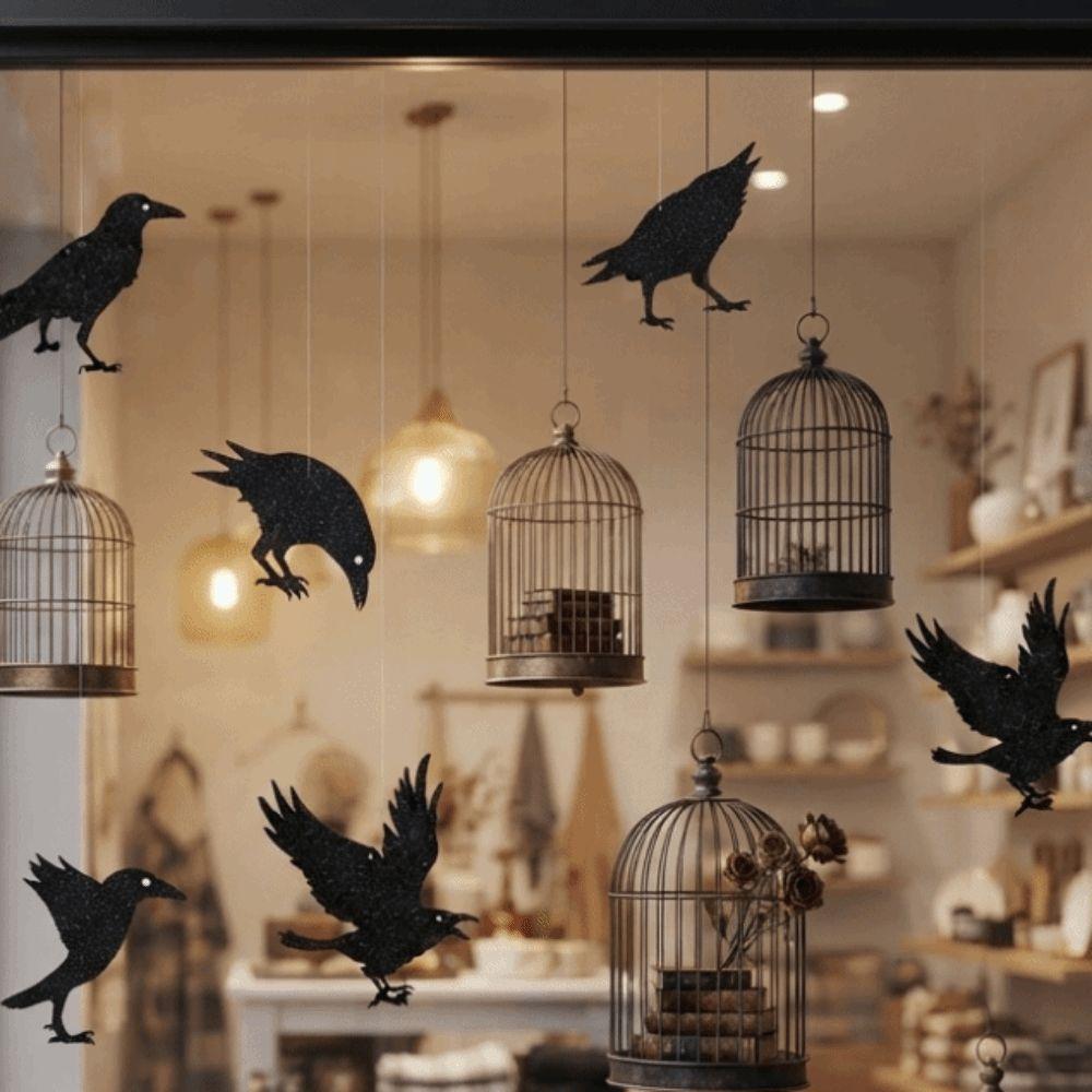 12pcs Thick Paper Black Crow Hanging Decor Dark Glittery Paper Birdcage Pendant Bar Club
