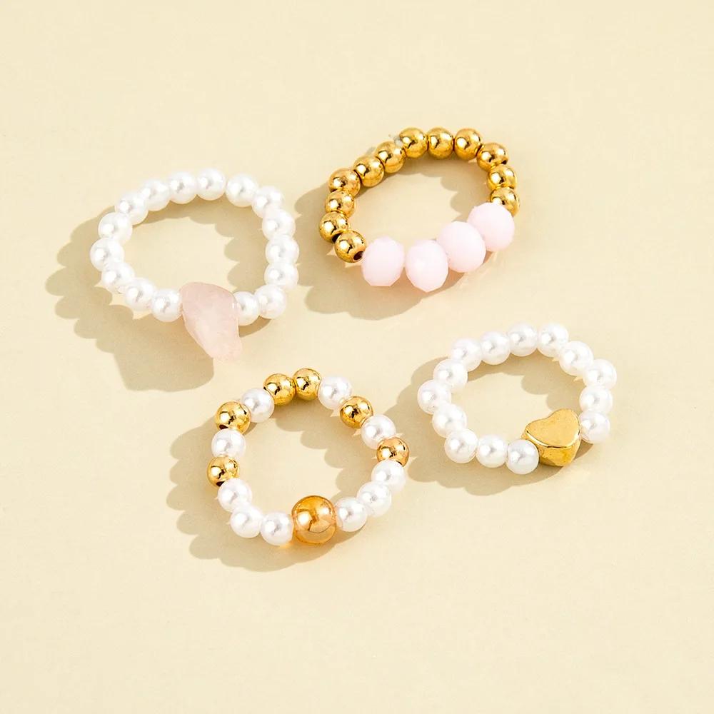 HI MAN 4 Pcs/Set Korean Mixed Handmade Pearl Stone Acrylic Small Round Bead Heart Ring Women Classic Elegant Dating Jewelry