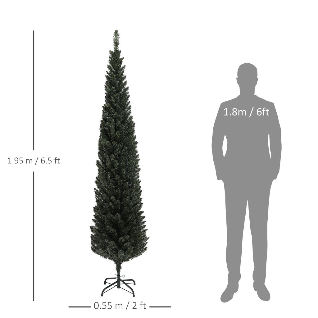 Slim Christmas Tree 195 cm Tall Space-Saving with 390 Branches with Steel Base for Indoors, Green