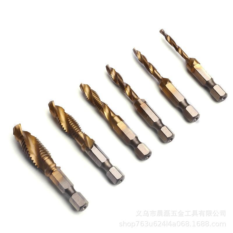 6-Piece Titanium-Plated HSS Taper Tap Set with Hex Shank for Drilling, Tapping, Chamfering, and Hole Opening