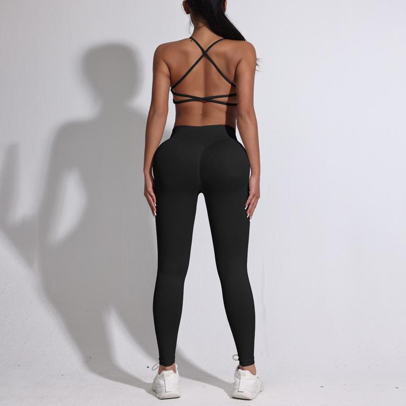 Nahtloses Damen Sport Yoga Set: Sport-BH mit gekreuztem Rücken & Pfirsich-Po Leggings