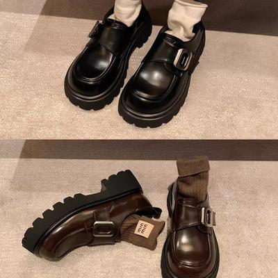Genuine Leather~ Academy Style Square Buckle Lazy One Pedal Muffin Thick Heel Thick Sole Loafer Small Leather Shoes Women