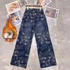 Blue Retro Chic High-Waisted Embroidered Straight-Leg Jeans - Winter 2026 Velvet Plus Niche Fashion