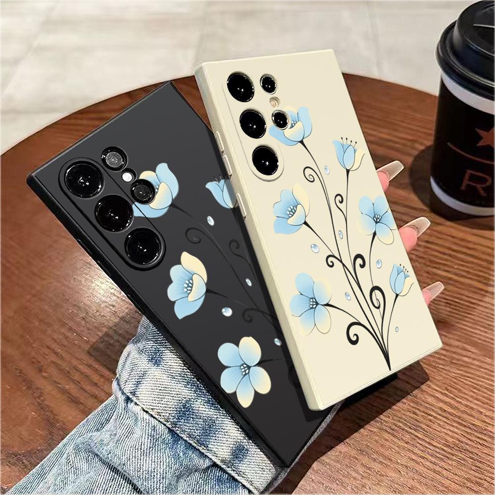 Blue Flower with Curly Stems For Samsung Galaxy S25 S24 Ultra S23 S22 S21 S20 FE Plus Note 10 20 Lite Protection TPU Cover