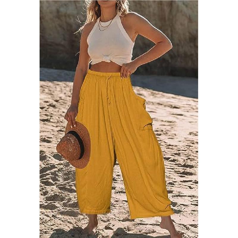2026 Spring/Summer Women's Elastic Waist Pleated Mid-Waist Straight-Leg Loose Casual Cropped Pants