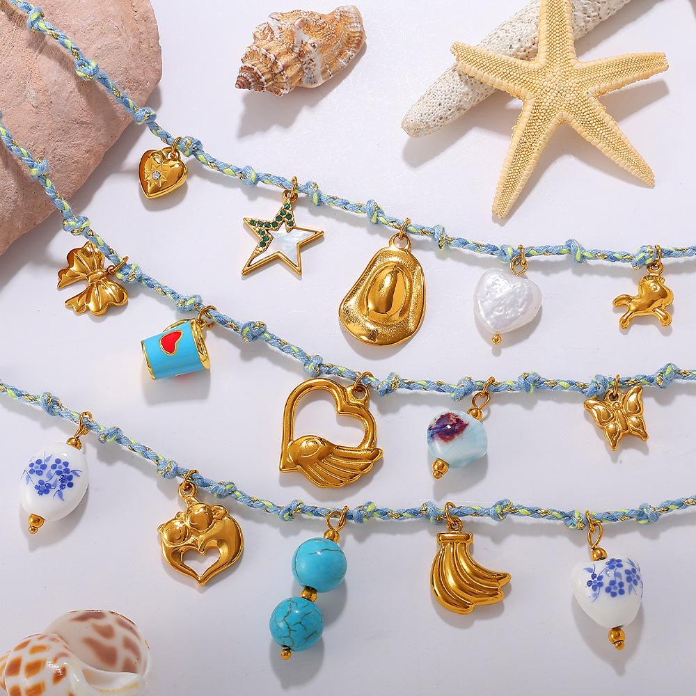 DIY Strandstil Buntes Seil Halsketten- & Armband-Set mit Meeres-Serie Edelstahl-Anhänger