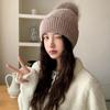 1pc Women Warm Knitted Hat with Fur Pom Pom,Solid Color,Versatile,Thick Lining,Suitable for Outdoor Cycling,Fashion Personalized