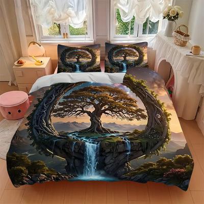 3pcs Fantasy Landscape with a Mystical Tree Quilt Set - Soft and Comfortable Bedroom, Guest Room and Dorm Decor Bedding Set 1 Quilt Cover + 2 Pil