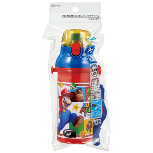 Skater Children's Water Bottle, 480ml, Direct Drinking, Plastic, One-Touch Operation, Dishwasher Safe, Made In Japan, Super Mario 23, Boys', PSB5SANAG