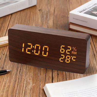 Silent Wooden Alarm Clock with Adjustable Brightness Thermometer and Hygrometer USB Powered for Bedroom or Office