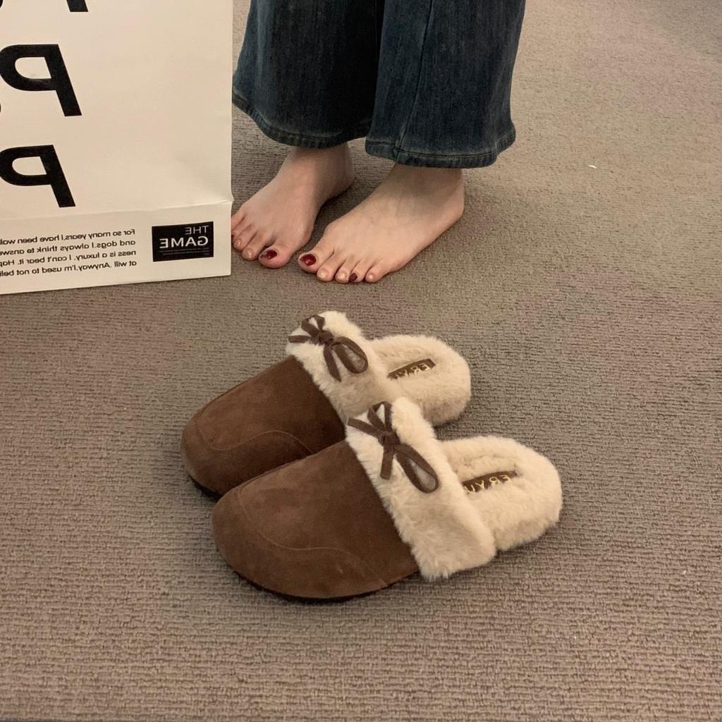Soft Leather Version~ Frosted and Velvet Bag Head Boken Slippers for Women To Wear Autumn and Winter Muffin Thick-soled Evening Warm Cotton Shoes