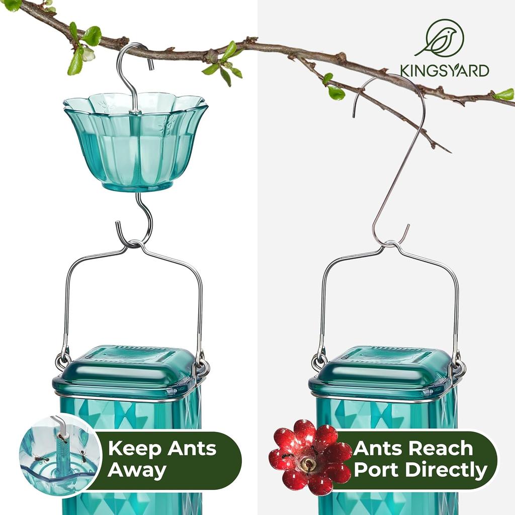 Glass Hummingbird Feeder for Outdoor Hanging, 24 Ounces, 6 Feeding Ports, Bird Nectar Feeder for Garden Décor, Ant Moat Included, Turquoise