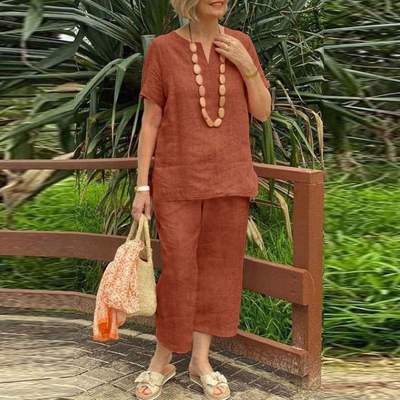 

Женский летний костюм из хлопка и льна, 2 предмета/комплекта, 2024, повседневный, свободный, с V-образным вырезом, с короткими рукавами, брюки с широкими штанинами, однотонный, модный женский костюм XS оранжевый