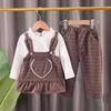 Girls Autumn Fashion Plaid Suspender Pants Set Toddler Cute Stylish Base Shirt Two Piece Outfit