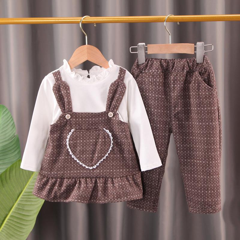 Girls Autumn Fashion Plaid Suspender Pants Set Toddler Cute Stylish Base Shirt Two Piece Outfit