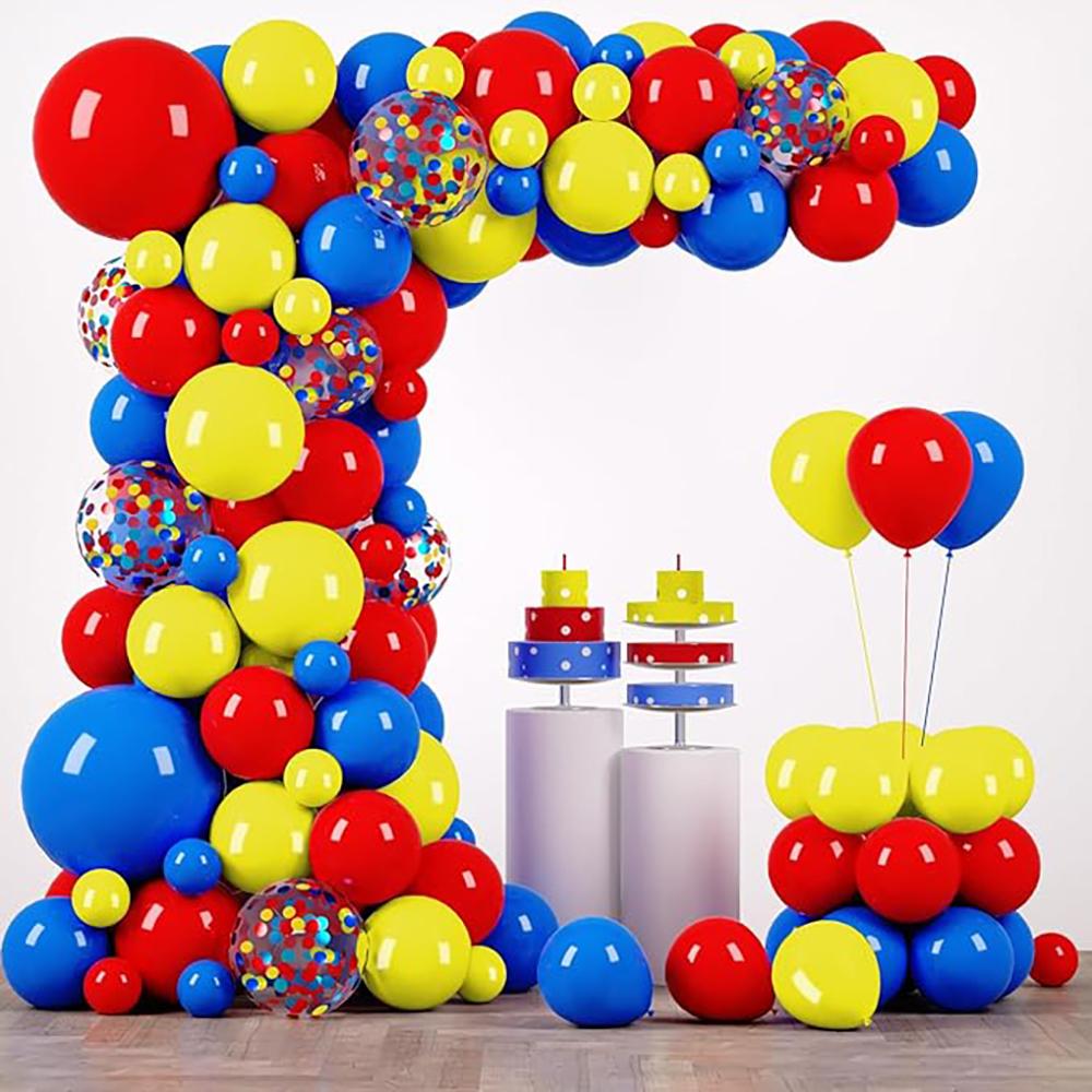 97pcs Guirlande de Ballons Carnaval Cirque Rouge Bleu Jaune Ballon Confetti Kit Arche de Ballons Thème Carnaval Décoration de Remise de Diplôme Anniversaire