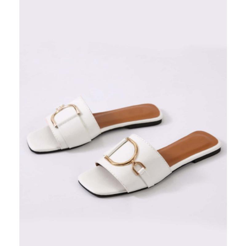 New Color Large Size Square Head Metal Buckle Fluorescent Color Flat Bottom Slippers Women's Shoes Fashion Color