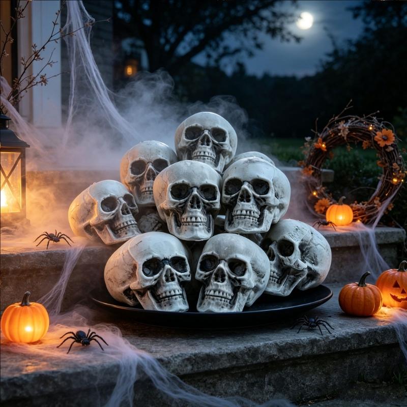 Plastic Mini Skulls for Repeat Use, 10-Piece Halloween Decoration Set That Rinses with Water for Tables, Shelves, and Seasonal Displays