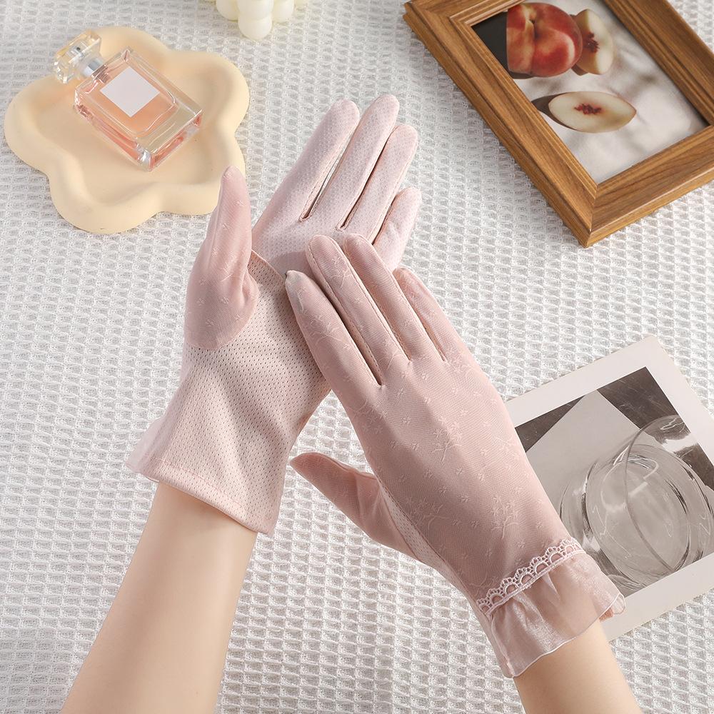 Sunscreen gloves New women's spring and summer driving riding lace thin UV protection touch screen ice silk gloves