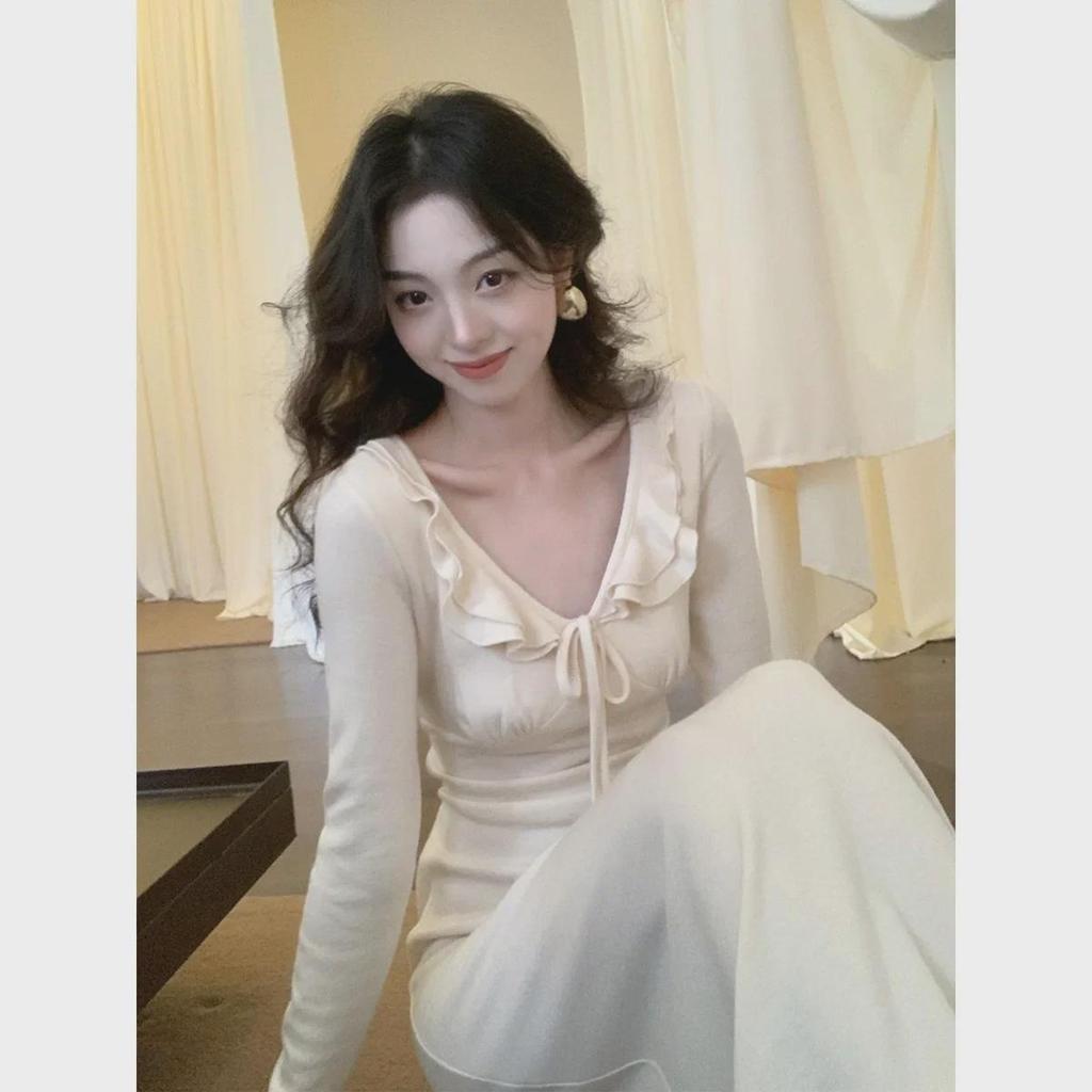 Women's Knitted Ruffled V-Neck Dress & Apricot A-Line Skirt Set, Medium-Length, Long-Sleeved